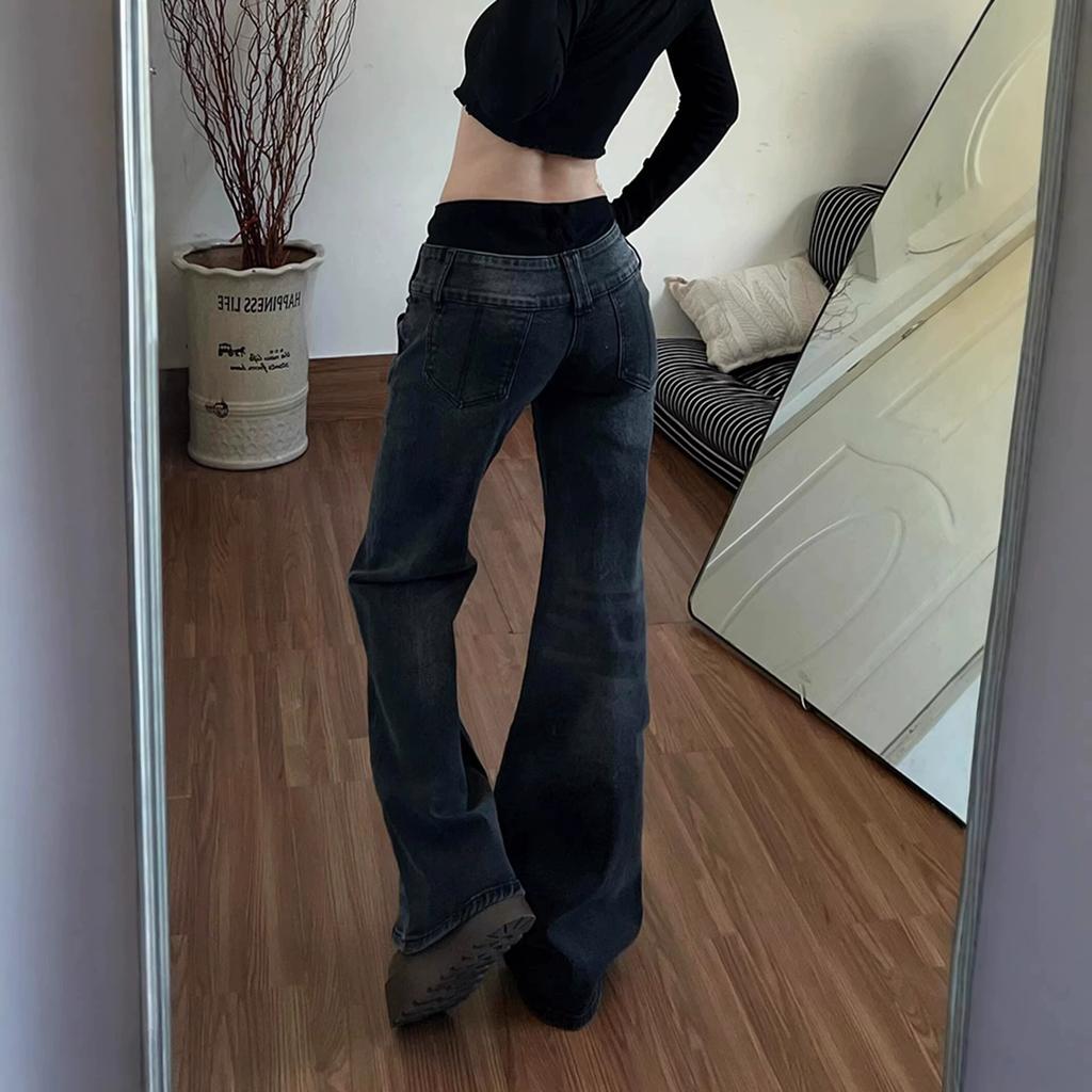 Autumn Winter Retro Low Waisted Jeans for Women's Loose and Personalized Spicy Girl Design Washed Micro Flared Pants