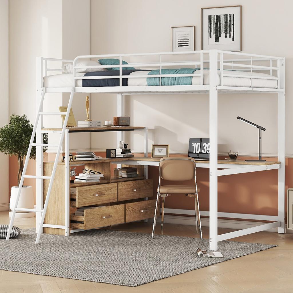 Letto a soppalco, 140*200cm, Struttura in Ferro, Cassetti Pratici, Scrivania Angolare Elegante, Design Laminato, Senza Materasso, Bianco