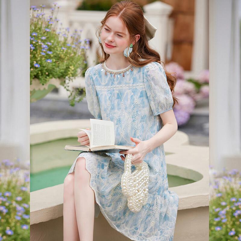 Bailuyu Women s Embroidered Puff Sleeve A-line Midi Dress XL