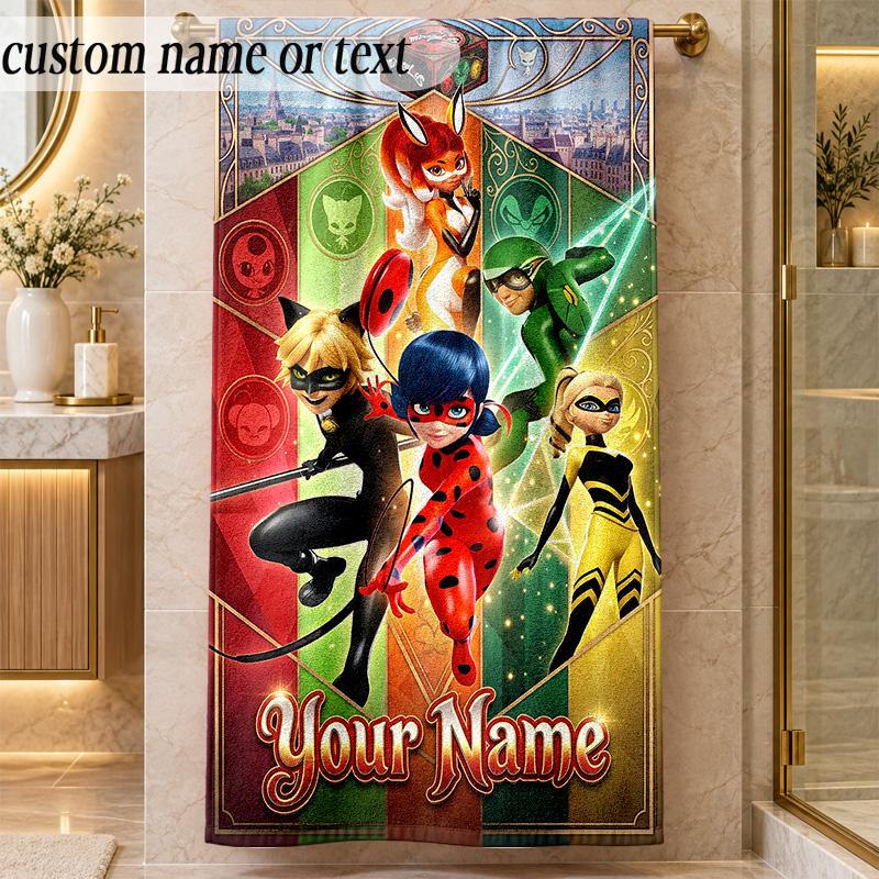Beach TowelMiraculous Ladybug Custom Name Text Personalized Soft Towel for Beach Pool Indoor Home Decor Gift