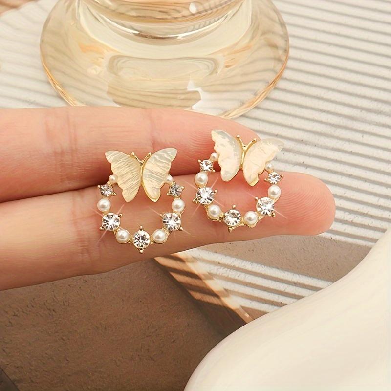 

Butterfly Stud Earrings with Imitation Micro Crystals, Cute Whimsical Lightweight Everyday Jewelry, Delicate Dainty Earrings for Women, 1 Pair білий