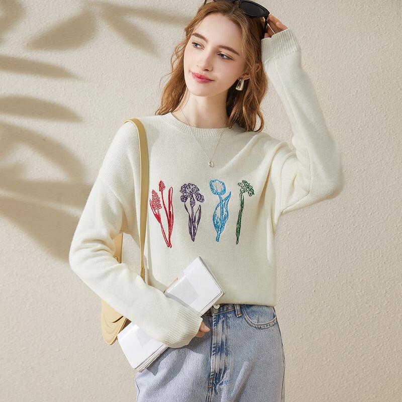 

TUHUANG Женский свитер из чистой шерсти с вышивкой, круглый вырез M