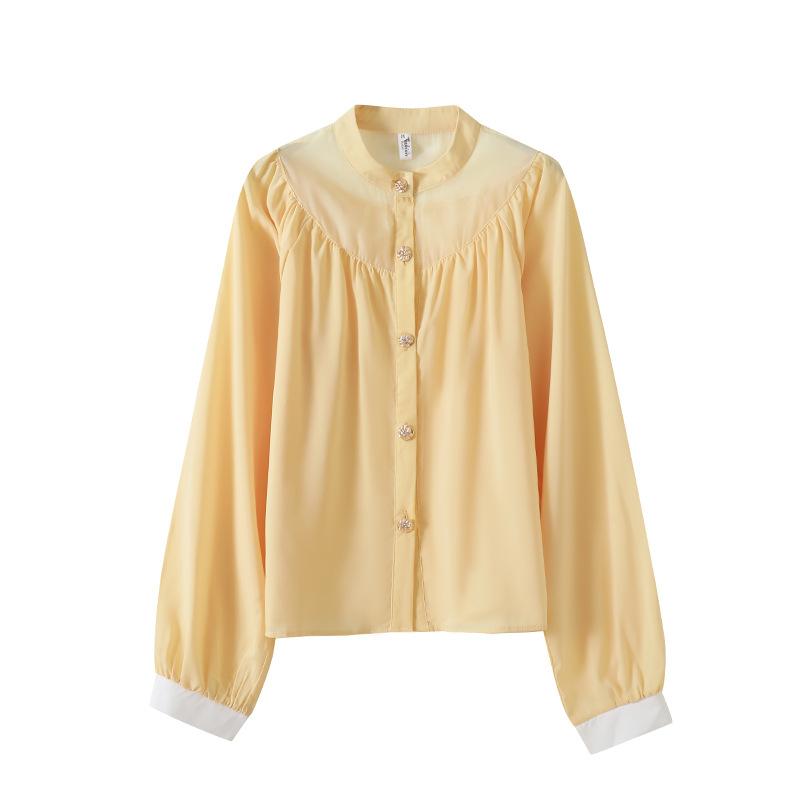 

2025 корейская версия новой свободной женской рубашки топа, французская простая однотонная с круглым вырезом и длинными рукавами, универсальная рубашка XXXL [Recommended 138-75kg] жёлтый