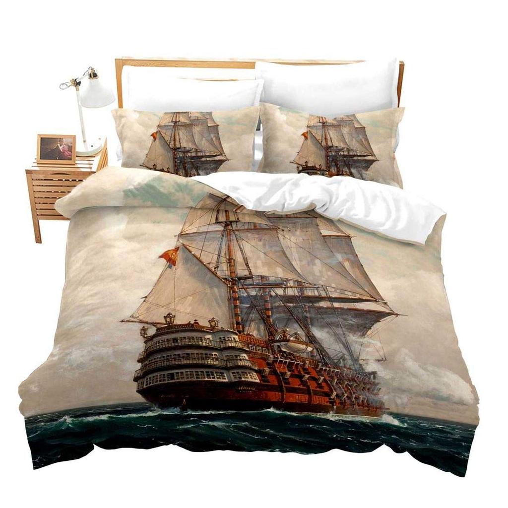 Pirate Duvet Cover Set Queen Sailboat Comforter Set Nautical Ocean Bedding Set Cool Style Quilt Cover Wave Print Decor Bedspread