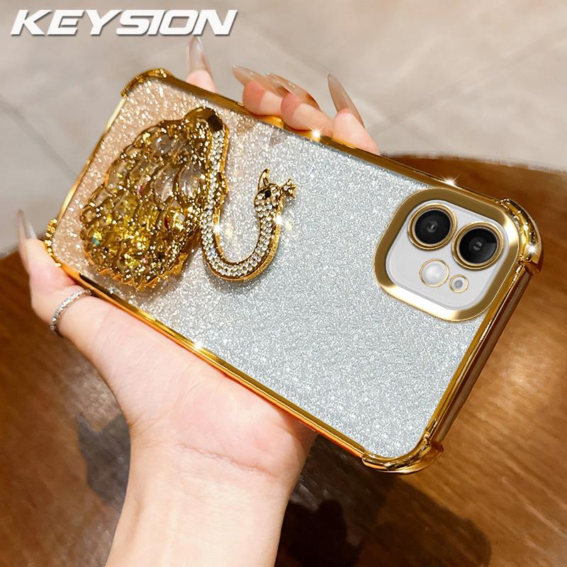 KEYSION Shockproof Plating Phone Case for iPhone 11 12 Pro Max Clear TPU Glitter Jewelled Swan kickstand Back Cover for iPhone 11