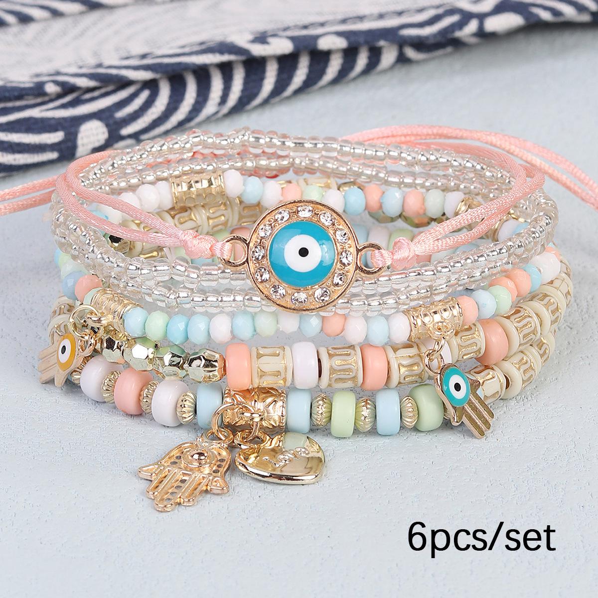 

Богемский многослойный браслет из бусин с подвесками в виде глаза, ладони, сердца и кисточки