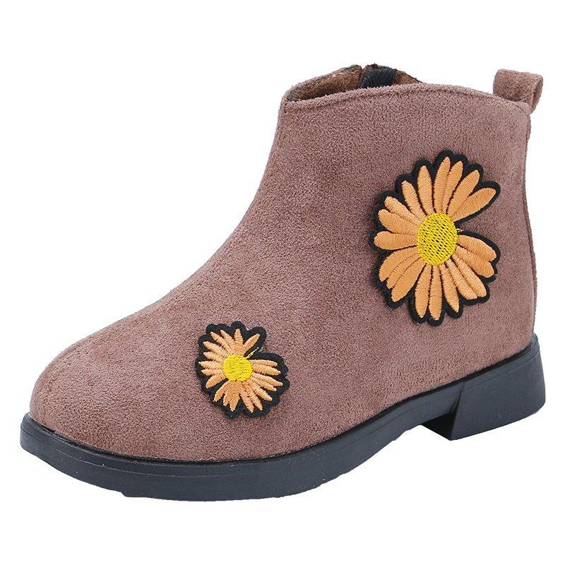

Ботинки для девочек, осенне-зимние, детские зимние сапоги, модные, с цветами ромашки, детские цветочные сапоги, резиновая подошва, нескользящая флоковая ткань 26 (inner 16cm) коричневый
