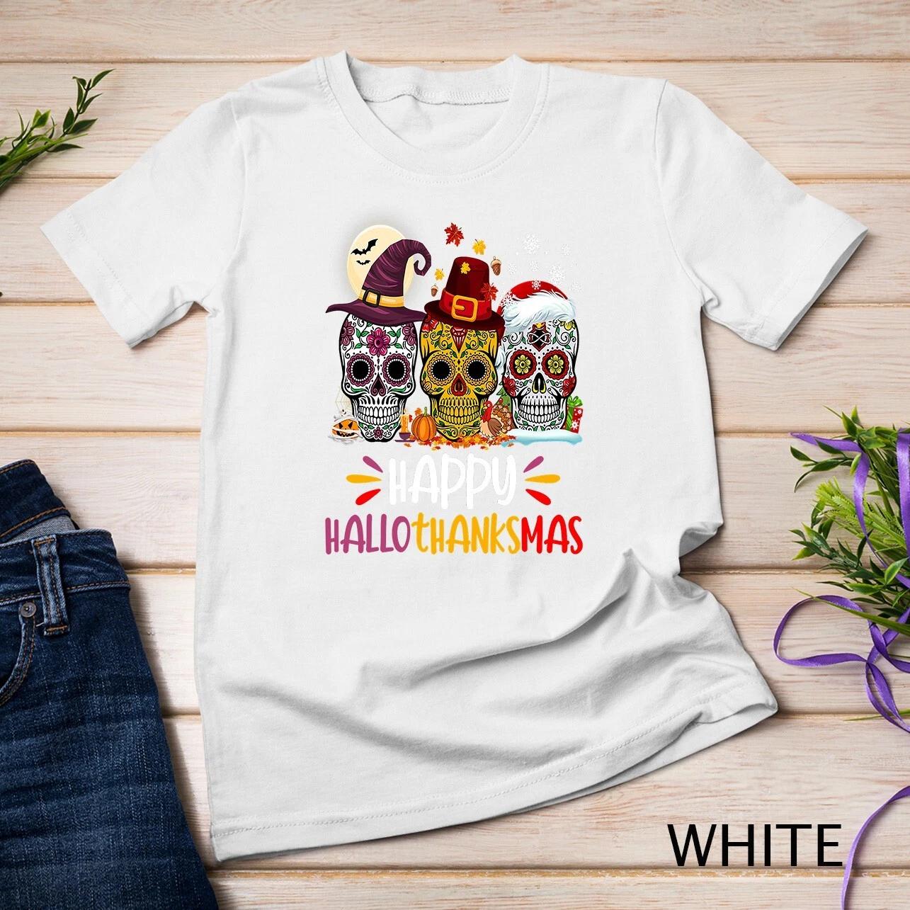 Hallothankmas Halloween Thanksgiving Christmas Sugar Skull Unisex T-shirt 1 M