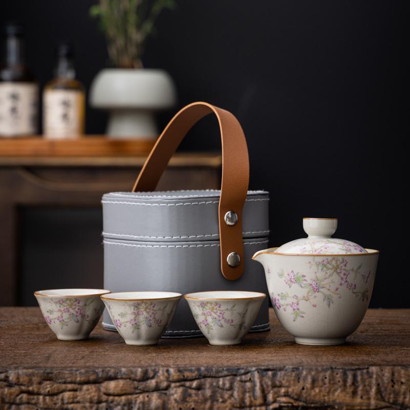 Ru Kiln Travel Set One Pot Three Cups Portable Quick Outdoor Tea Drinking Single Ceramic Teapot Cup
