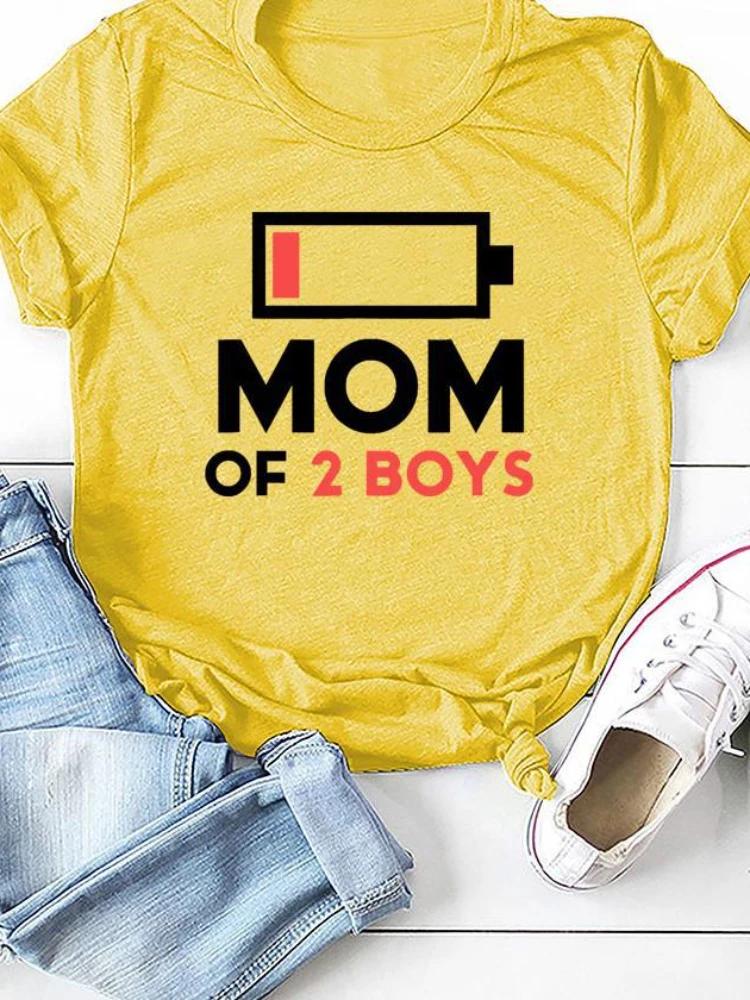 MOM OF BOYS Recharge Print Women T Shirt Short Sleeve O Neck Loose Women Tshirt Ladies Fashion Tee Shirt Tops Camisetas Mujer