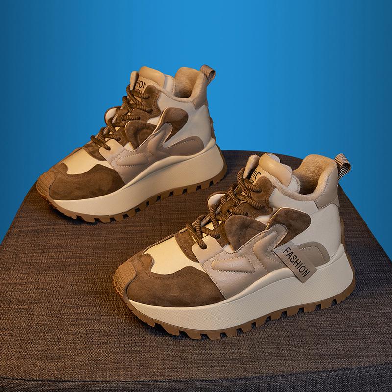 Pluszowe buty wysokie typu "Dad Shoes" dla kobiet - Kolekcja Zima 2025: Wszechstronne, Ciepłe, Modne, Grubo-podeszwowe Codzienne Trampki