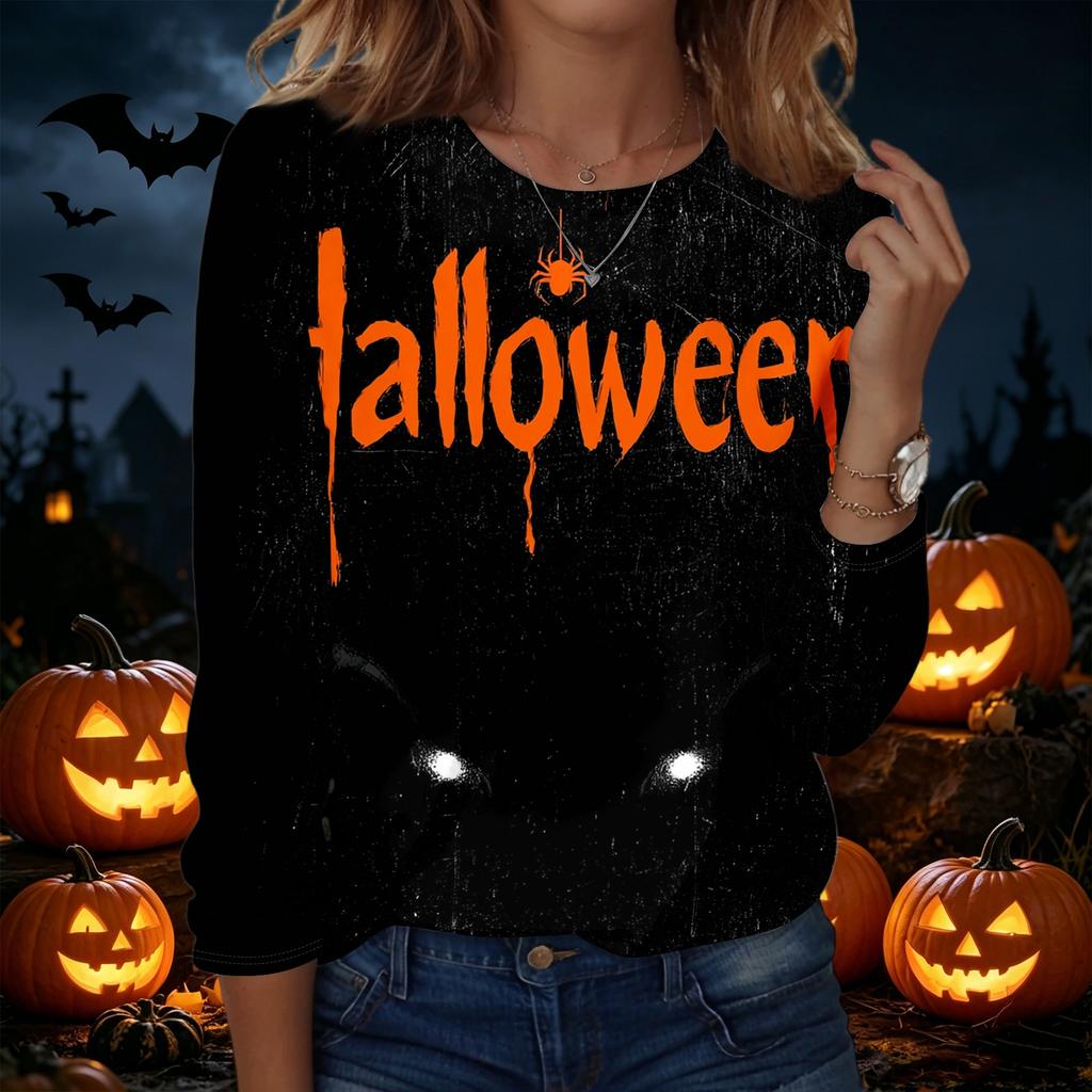 Women's Casual Long Sleeve Crew Neck Sweatshirt Halloween Print Pullover Top Lightweight Comfortable Fit for Everyday Wear