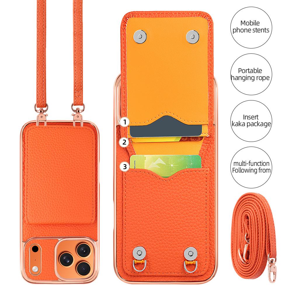 Crossbody Tasche mit Litschi-Muster, Kartenhalter, Handyhülle mit Lanyard zum Umhängen für iPhone 17 Pro Max 16 Plus 15 14 13, lange Kordel, Ständer Cover