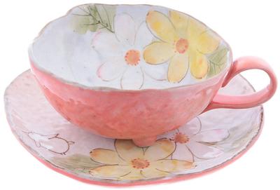 Maitokan Coffee Cup and Plate, Flower and Rabbit Design, Red, 44685