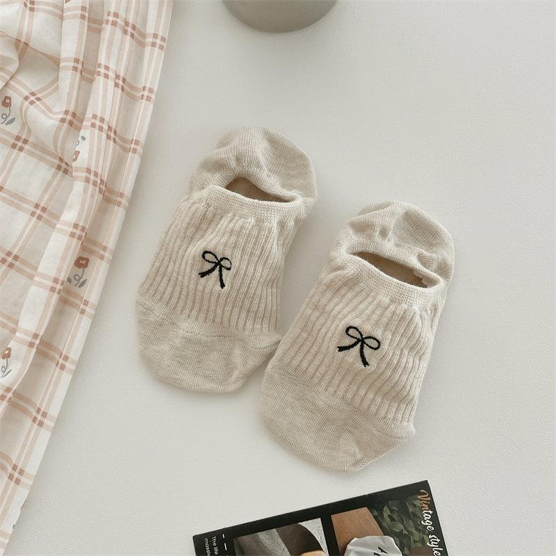 Summer Bow Embroidered Boat Socks Solid Color Thin Non-Slip Invisible Socks Light Mouth Socks Wind Wear