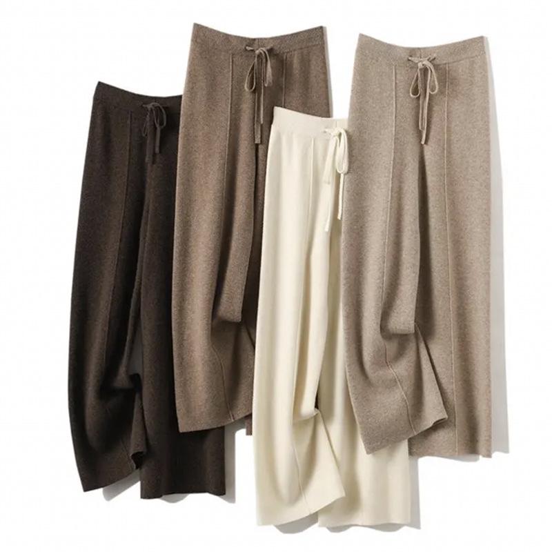 Women's High-Waisted Wide-Leg Wool Pants - Casual, Floor-Length, Straight-Leg, Autumn/Winter, Versatile Knit for a Longer Leg Look