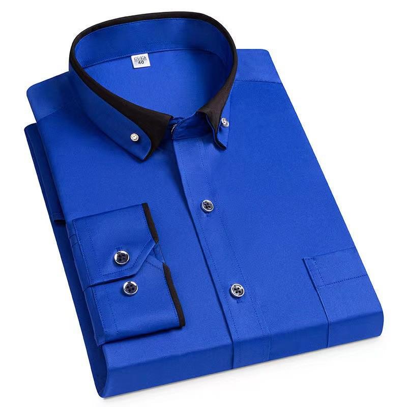 Men's Color Block Stretch Long-Sleeve Non-Iron Business Casual Shirt