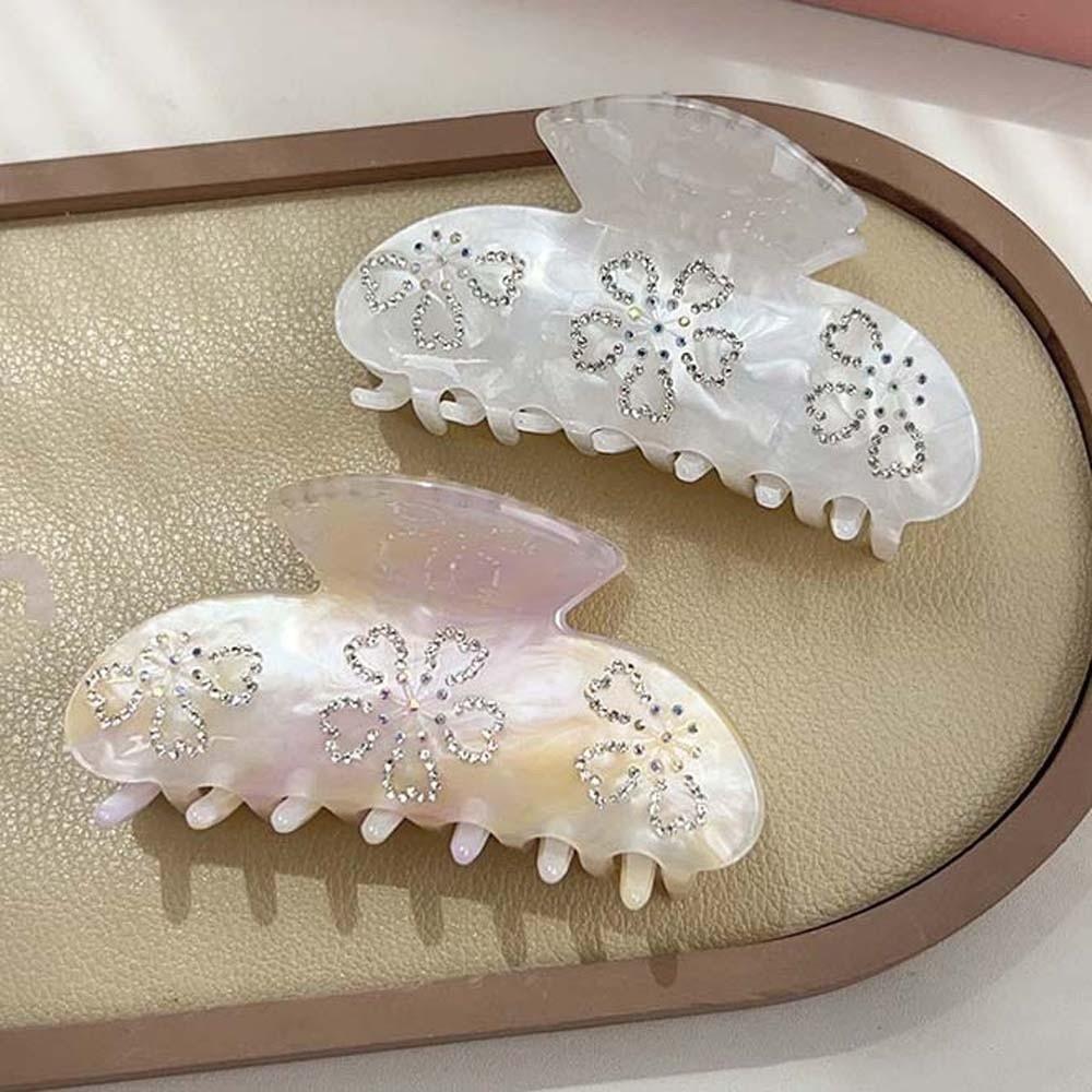 Flower Women Shark Clip Iridescent Acrylic Hair Claw Rhinestone-inlay Hair Claw  Female