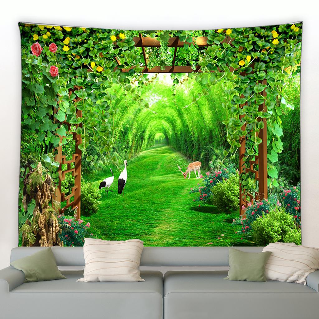 Kinesisk hagelandskap billedvev Vårgrønn bambusbuebro Naturlandskap Veggoppheng Soveromsrom Hjemdekorasjon