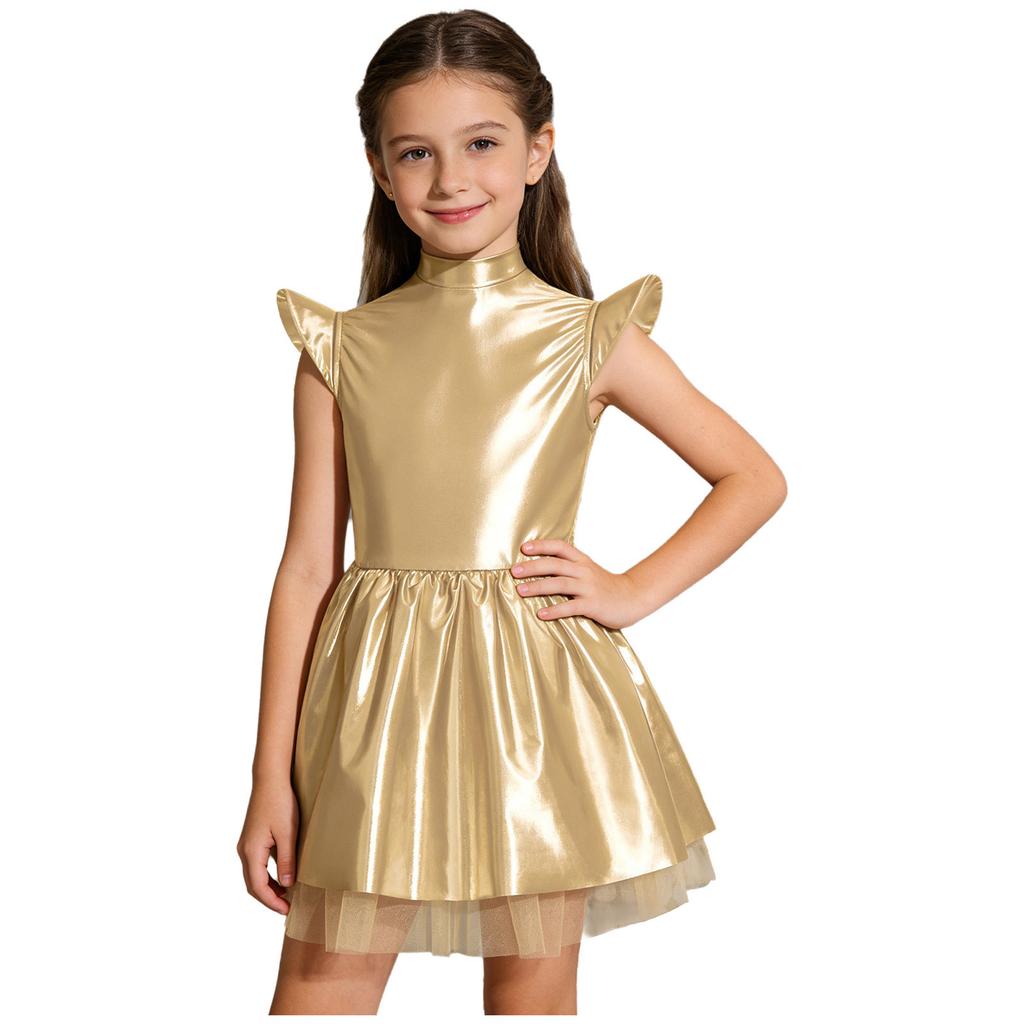 Schillerndes Alien-Tutu-Kleid für Mädchen, Glänzendes Kostüm mit Stehkragen, Flatterärmeln & Reißverschluss hinten, Bühnenauftritt & Party