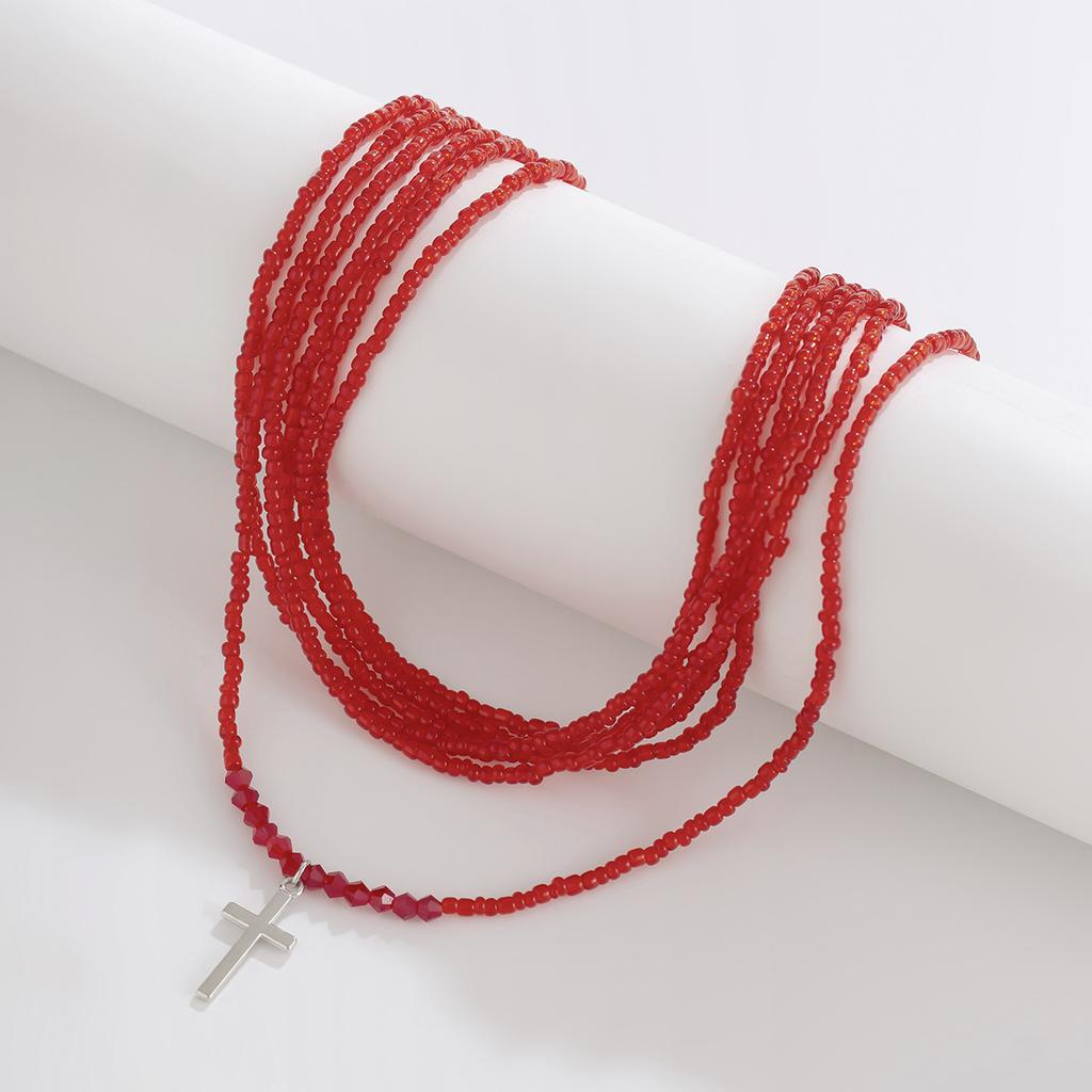 Collana da Donna con Perline di Riso Gotica Scura, Indossa Collana con Ciondolo a Croce Vintage a Più Strati