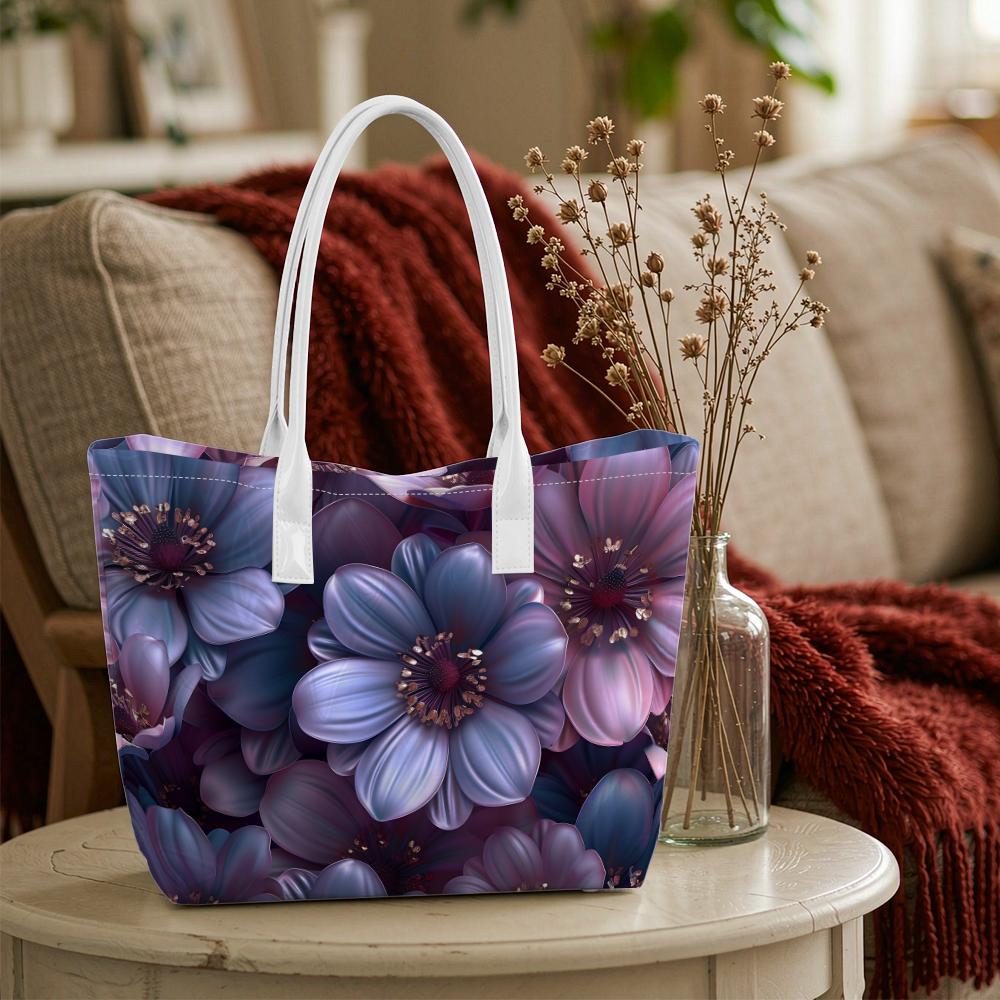 Elegant Purple Floral Printed Tote Bag Fashionable Casual Large Capacity Portable Shoulder Bag for Daily Use