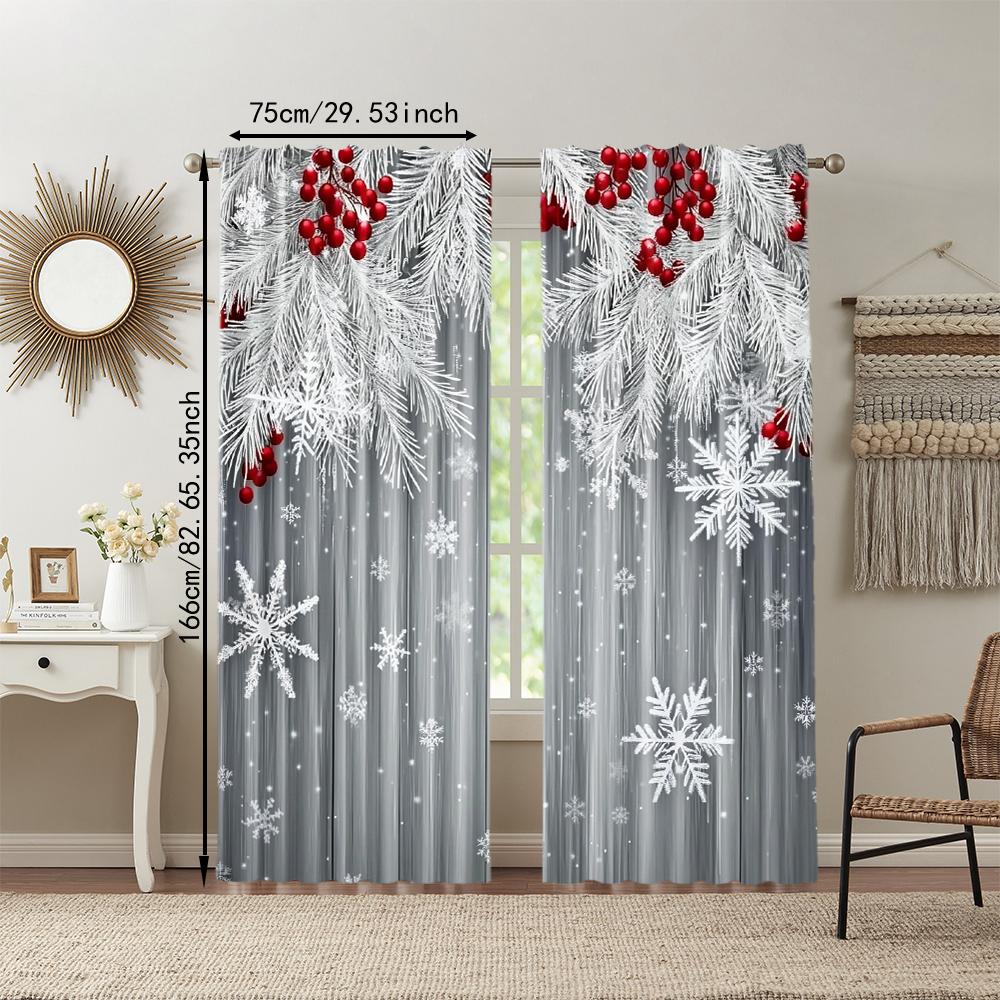 2Pcs Christmas Snowflake And Red Berry Print Polyester Material Window Curtains Rod Pocket Design For Easy Hanging Perfect For