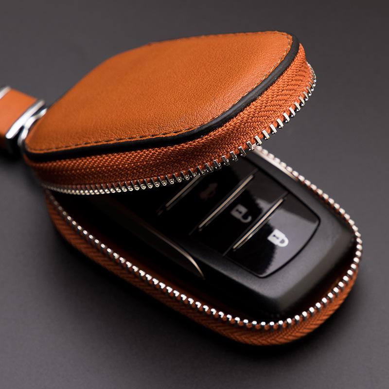 Men's Universal Cowhide Leather Car Key Case with Car Logo and Waist-Hanging Zipper