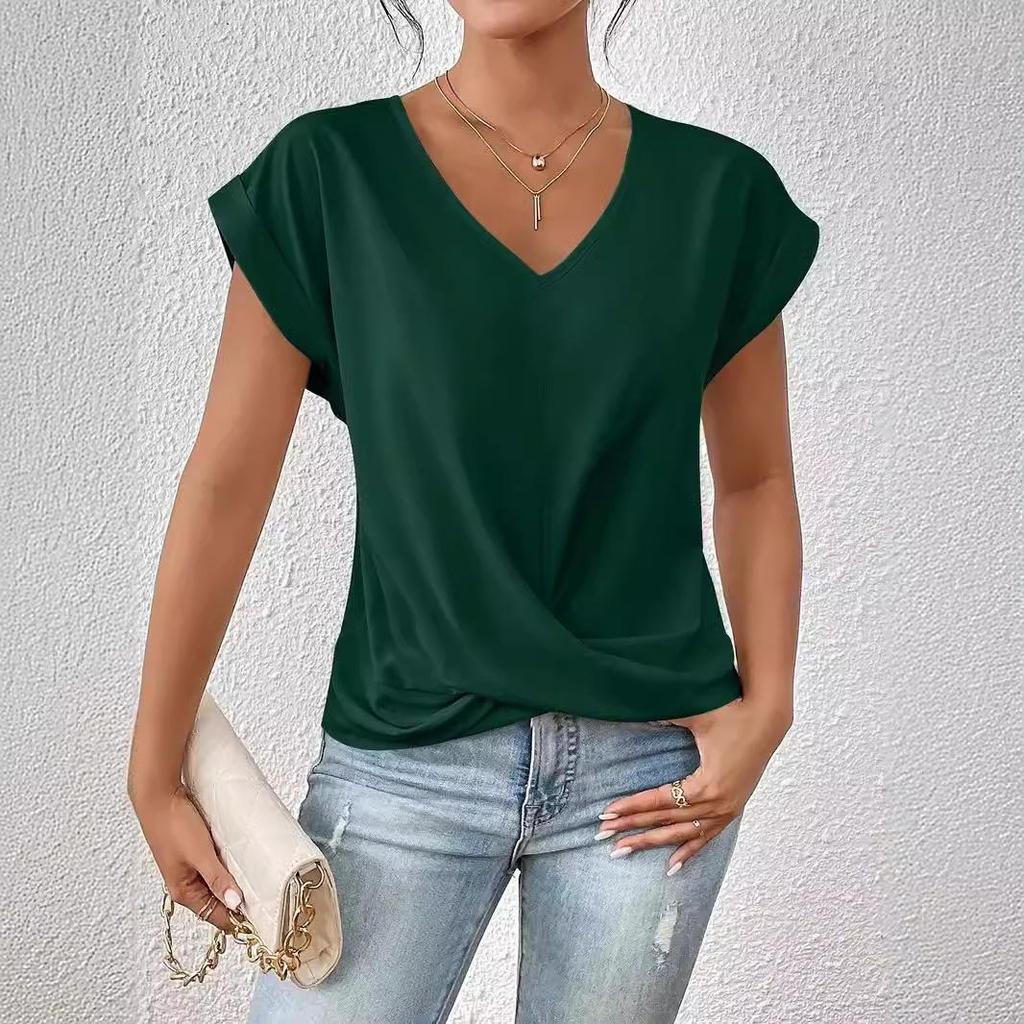 2025 Bestseller Women's Solid V-neck Short-Sleeve T-shirt - Elegant Spring/Summer Top