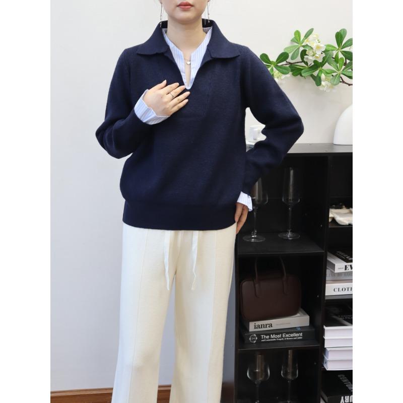 

Осень и зима новый вязаный свитер топ с ложным двухслойным эффектом контрастного цвета, свободный пуловер для женщины one size fits all тёмно-синий