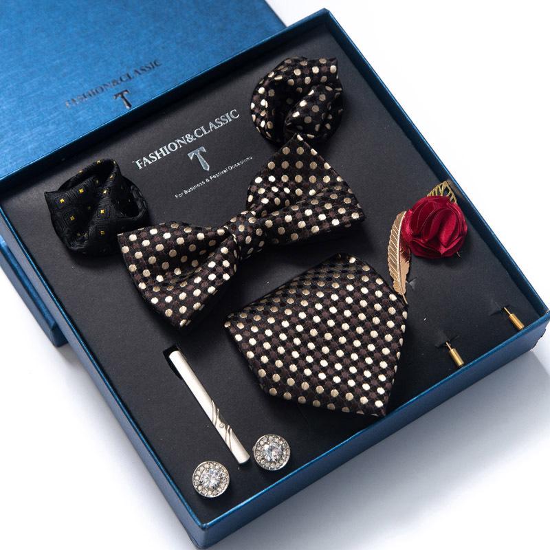Men's 8-Piece Formal Accessory Set: Bow Tie, Corsage, Brooch, Cufflinks for Weddings.