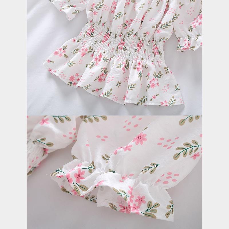 Small Fresh Floral Shirt Female Summer Slim Sweet Spicy Square Neck Puffy Sleeves Thin Tops Tide Elastic Waist