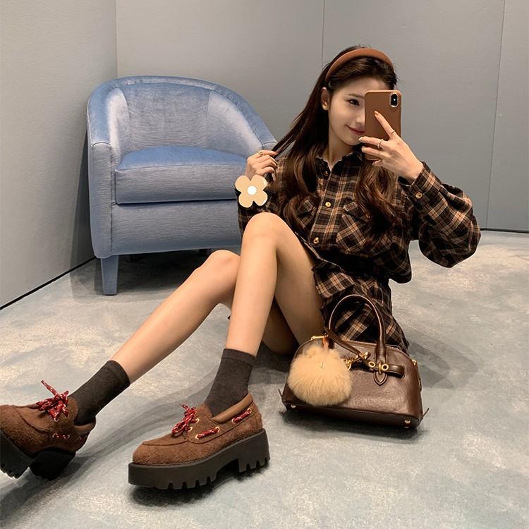 Cowhide Version~ Genuine Leather Matte Brown Loafers Women's Platform JK Small Leather Shoes Socks with Single Shoes Retro Trend