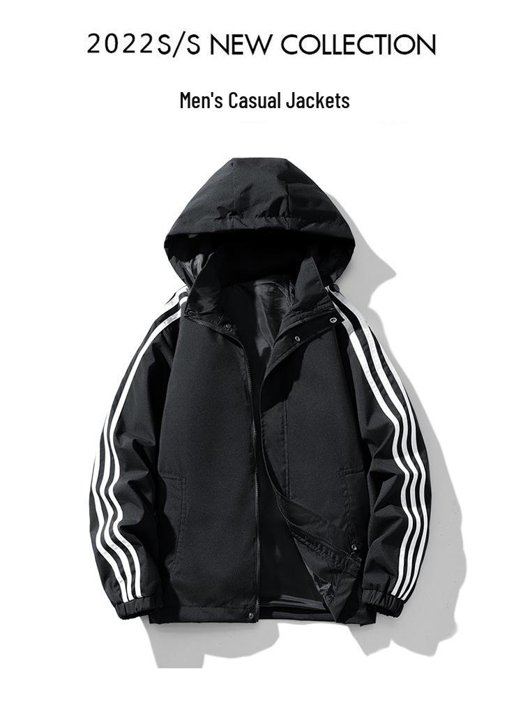 Men's Three-Stripe Hooded Bomber Jacket - Casual, Loose Fit for Autumn/Winter