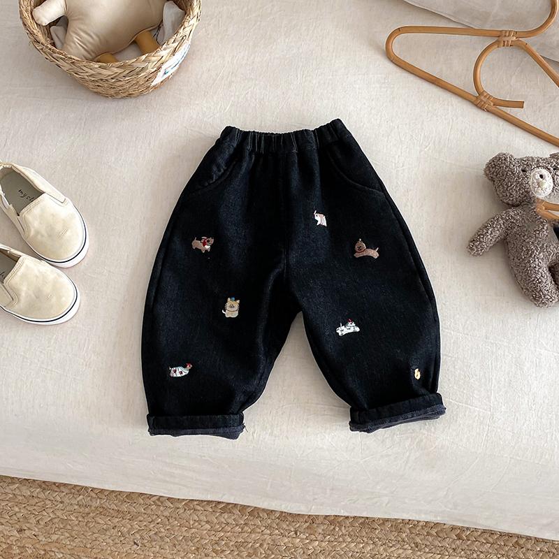 Winter Kids Pants Fur Lining Boys Jeans Embroidery Girls Denim Pants Thicken Girls Trousers 120cm