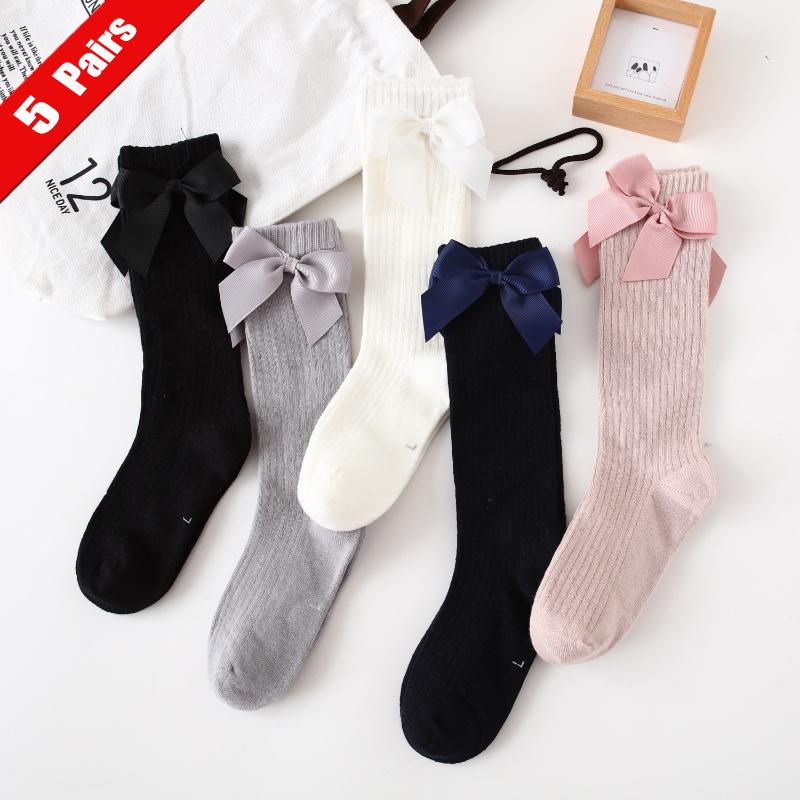 1/5Pairs Children Girls Socks With Bows Cotton Soft Toddlers Long Socks Kids Princess Dance Knee Stocking For Girls 1-8Years Old