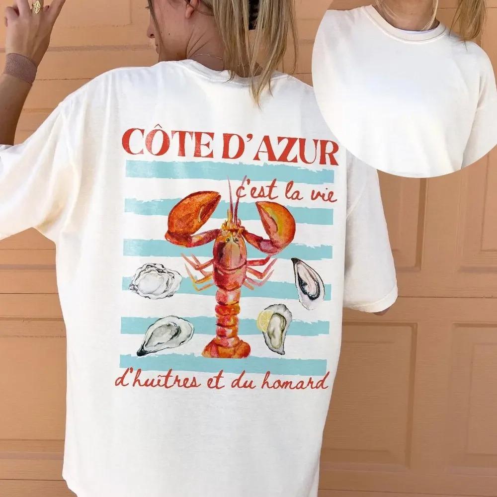 Cute D Azur Graphic Tops French Riviera Lobster and Oyster Shirt C est La Vie Saint T-shirt French Proverb Coastal Aesthetic Y2K S