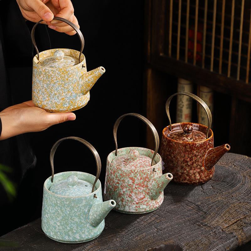 Ceramic Teapot with Side Handle Retro Japanese Style Kungfu Xishi Glaze Home Brewing Tea Set