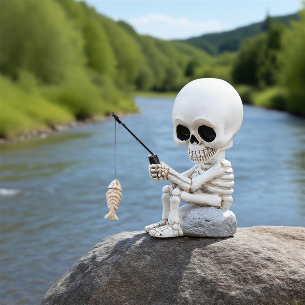 Fishing Skeleton Statue For Halloween Decorations,Weatherproof Resin Fishing Skull Statue,Home Patios Yard Pond Resin Sculpture