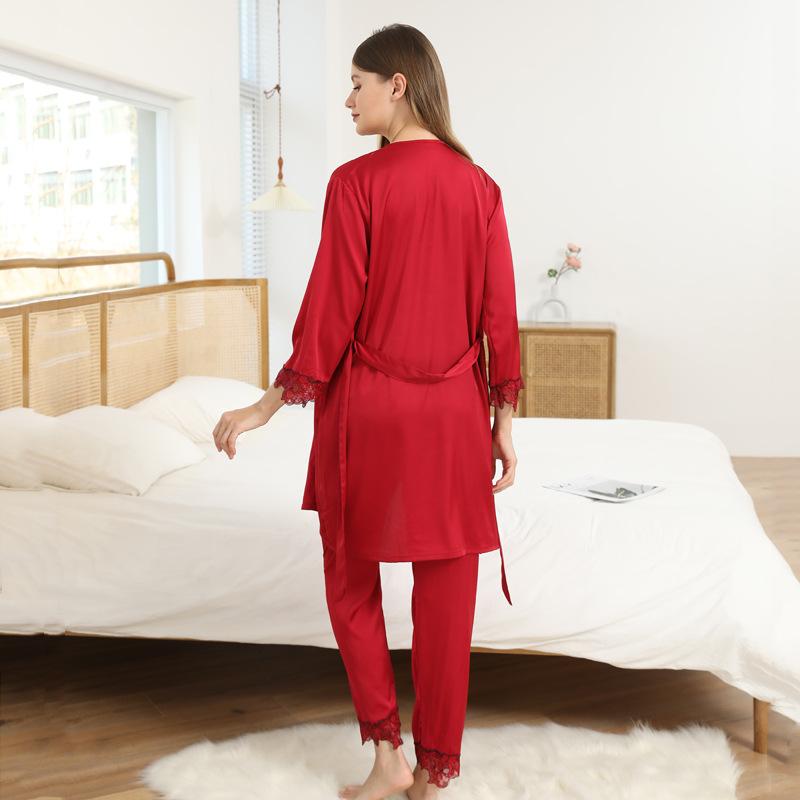 Ice silk pajamas women's summer sexy lace long-sleeved suspender nightgown three-piece set spring and autumn thin loungewear set
