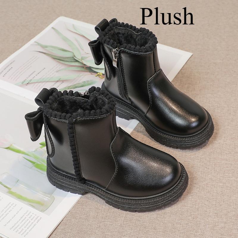 Children's Princess Style Single Boots Plus Velvet Short Boots Non-slip Soft Sole Leather Boots Side Zipper Warm Cotton Boots