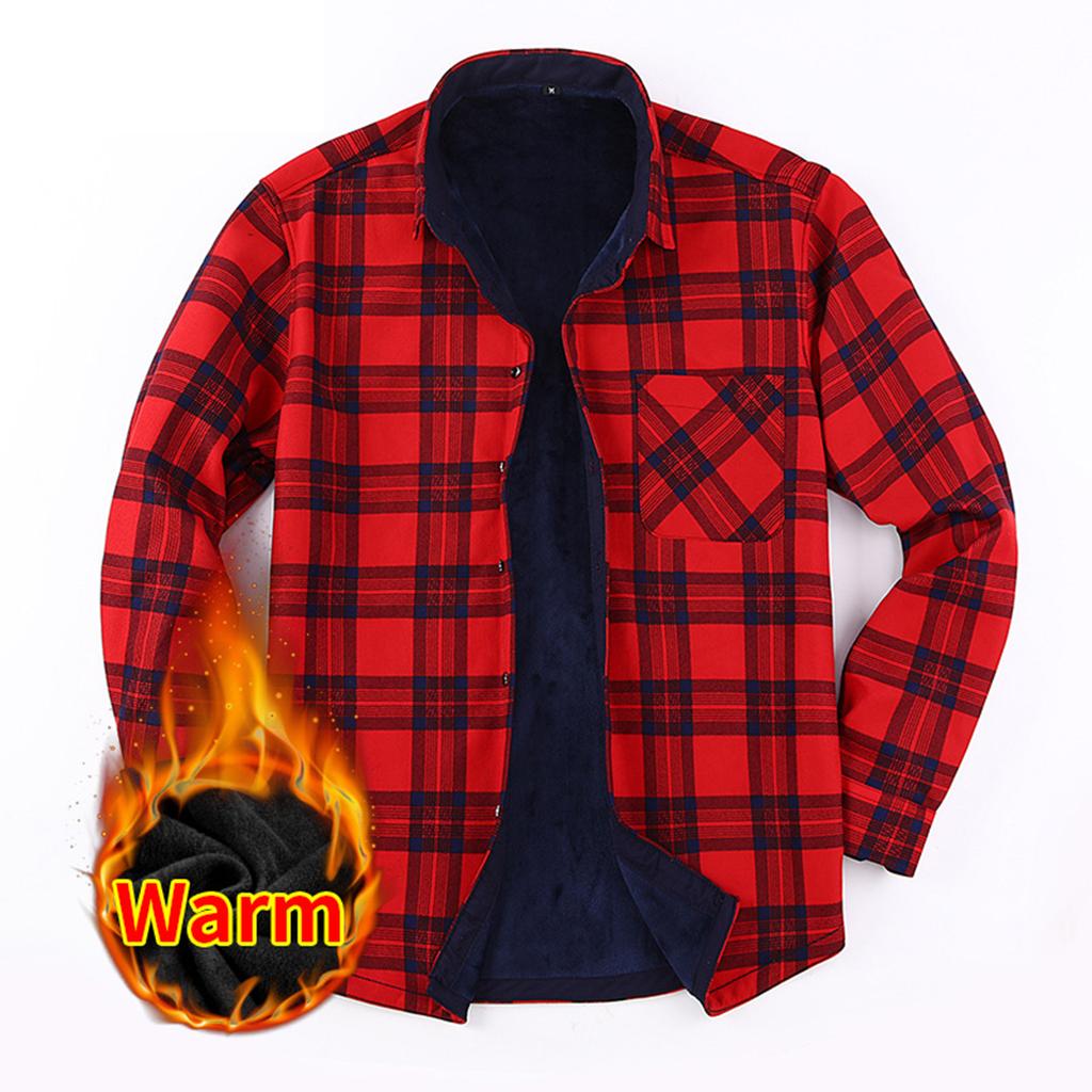 Men's Warm Casual Flannel Shirt, Long Sleeve, Lined, Large Size, Turn-Down Collar for Fall