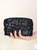 1pc Women Makeup Bag, Mesh Heart Flocked Decor,  Minimalist Mesh Heart Design Large Capacity, For Daily Use & Travel Makeup