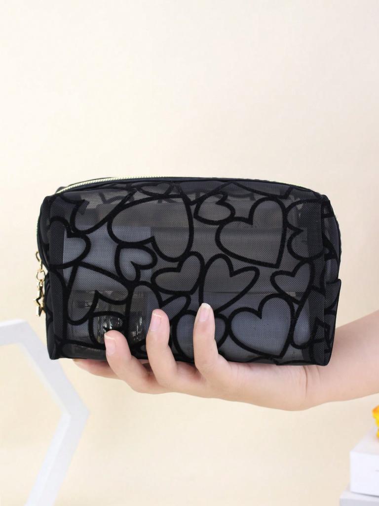 1pc Women Makeup Bag, Mesh Heart Flocked Decor,  Minimalist Mesh Heart Design Large Capacity, For Daily Use & Travel Makeup