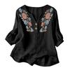 Women Floral Pattern Henley Button Neck Shirt Three Quarter Sleeve Loose Fit Linen Cotton Blouse Casual Top for Daily Wear