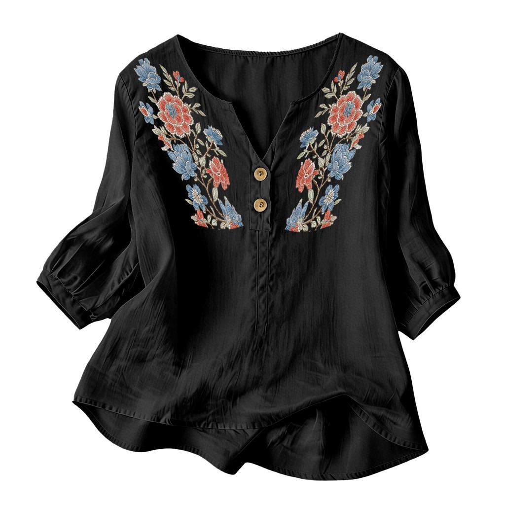 Women Floral Pattern Henley Button Neck Shirt Three Quarter Sleeve Loose Fit Linen Cotton Blouse Casual Top for Daily Wear