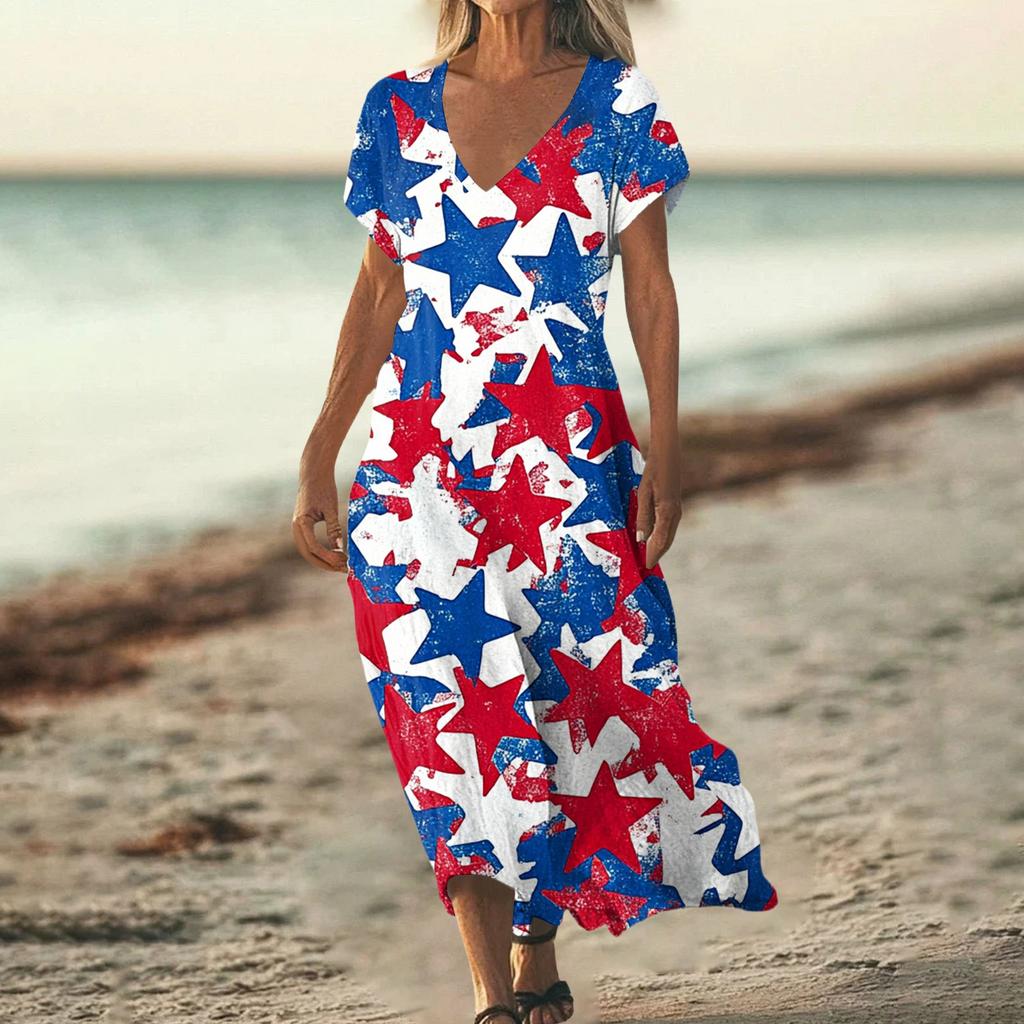 Women’s Maxi Dress V Neck Short Sleeve Loose Fit with Star and Stripe Printed Pattern for Casual Summer Wear