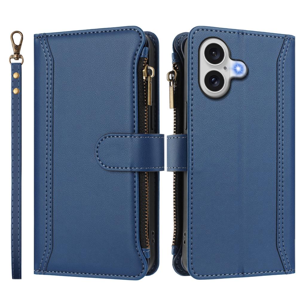 For iPhone 17 Leather Case 9 Card Slots Zipper Wallet Stand Phone Cover with Wrist Strap