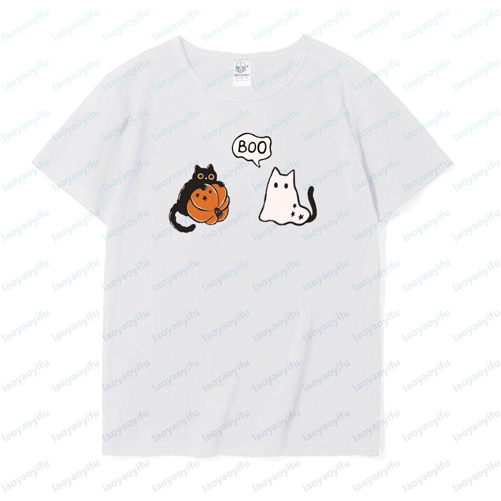 Halloween Ghost Cat Cute BOO Shirt Spooky Season Tee Pumpkin Black Cat Graphic Printed Tshirt Women Unisex Casual Simple Tops
