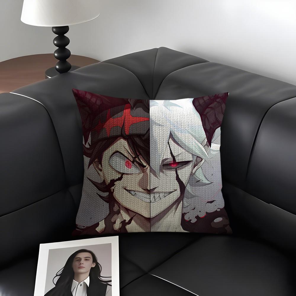 B-Black C-Clover Anime Cushion Cover Natural Linen Organic Fabric Double-Sided Printing Sofa Home Decor Gift Pillow Case